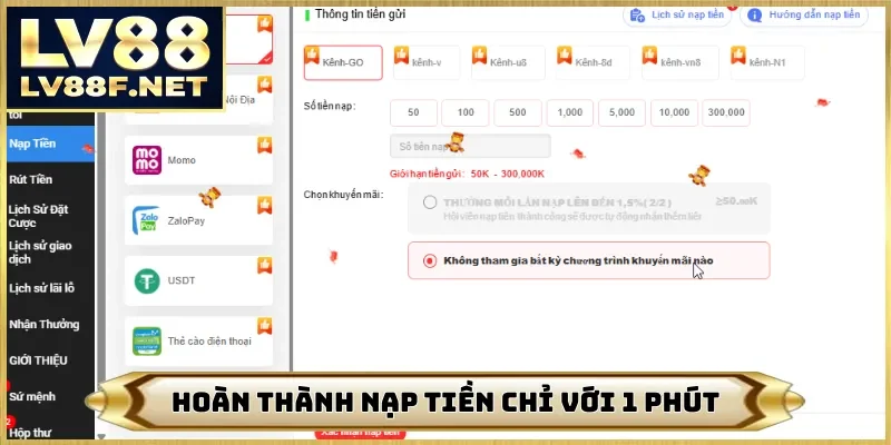 Hoàn thành nạp tiền chỉ với 1 phút