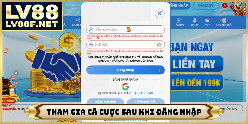 Tham gia cá cược sau khi đăng nhập